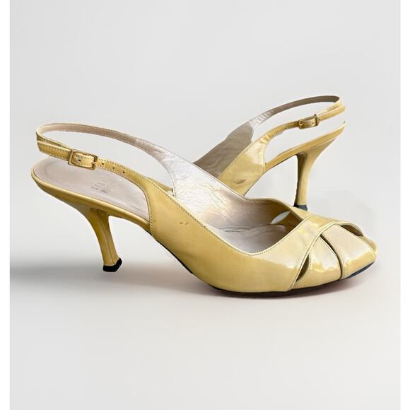 Stuart Weitzman 8.5 Butter Yellow Slingback Kitten Heel Pump Peep Toe Cross - Picture 3 of 9